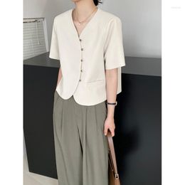 Women's T Shirts Fashion Casual White Short Sleeve Blazer 2023 Spring Summer Textured Metal Button V-Neck Tops