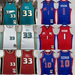 stitch 1998-99 Basketball 33 Grant Hill Jersey Retro Red 1 Allen Iverson Blue 1998-99 Dennis Rodman Jerseys Classic