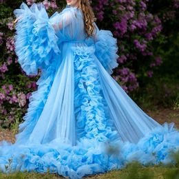 Abito premaman Gravidanza Donna Soffice sexy tulle blu maniche gonfie Servizio fotografico Abito premaman 3D