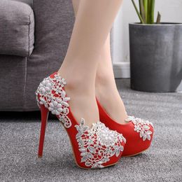 Dress Shoes Women White Lace Flower Wedding Silver Crystal Beaded High Heels Sandals Platform Pumps For Party Banquet Bridesmaid
