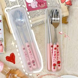 Dinnerware Sets Cute Portable Stainless Steel Strawberry Korean Chopsticks Spoon Fork Cutlery Set With Case Travel Tableware Gift