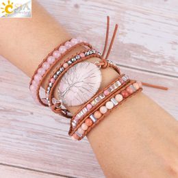 Bangle CSJA Tree of Life Women Jewellery Natural Pink Quartz Crystal Stone Charms Bracelet Leather Braided Gems Beads Wrap Bracelets S349 230911