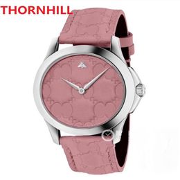 Black Pink White Colour Women Men Unisex Super Wristwatch 38mm Quartz Movement Male Bee Time Clock Watch Genuine Leather belt top w251e