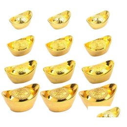 Chinese Style Products Gold Ingot Feng Shui Golden Plated Plastic Wealth Lucky Money Stone Home Office Decor Ornament Pirate Treasur Dhq1U