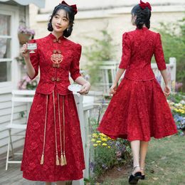 Work Dresses Chinese Style Modified Exquisite Embroidery Wedding Two Piece Set :Vintage Buckle Jacquard Shirt High Waist Midi-skirt Red