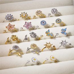 rotatable designer gold ring for woman 925 sterling silver blue butterfly flower pink 5A zirconia diamond womens finger rings Jewellery opening adjustable gift box