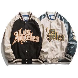 Mens Jackets Couple Pu Leather Baseball Jacket Patchwork American Vintage Streetwear Loose Letter Embroidery Basic Sports Coat Unisex 230912