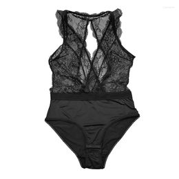 Women's Shapers Solid Black Deep V-neck Open Crotch Perspective Lace Sexy Blackless Women Bodysuit Female Teddy Jumpsuit SLA031