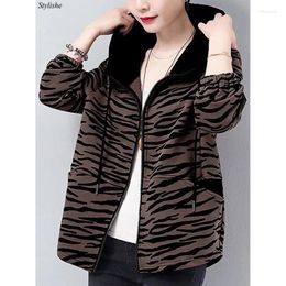 Women's Hoodies Brown Zip Up Hoodie Women Patchwork Striped Loose Coat Vintage Pocket Printed Short Hooded Sweatshirt Female Casual Chic