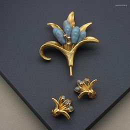 Backs Earrings Vintage Glass Flower Bouquet Ear Clip Stud Brooch Set Blue Magnolia Enamel Lily Of The Bell