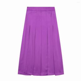 Skirts Satin Pleated Skirt Women Spring 2023 Clothing Mid-Calf Side Zipper Modern Girl Casual Bottom Wears