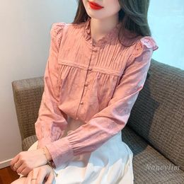 Women's Blouses 2023 Autumn Long Sleeve Pink Shirt Long-Sleeved Spring And Fall Clothing High-End Ruffled Collar Buttons Blusas