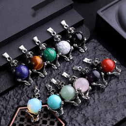 Natural Stone Skull Heads Pendant Opal Rose Quartz Pink Crystal Pendant Tiger Eye lapis Animal Charms for Jewelry Making Necklaces