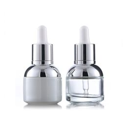 30ml Glass Serum Bottle Pearl White Transparent Cosmetic Essential Oil Packaging Dropper Bottles with Plastic Plug Hjntv