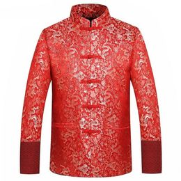 Ethnic Clothing Red Silk Jacket Men Autumn Dragon Cheongsam Tops Plus Size 4XL Traditional Chinese Tang Suit Wedding 230911