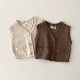 Waistcoat Korean Spring Autumn Children Boys Vest Knitted Solid Stretch Simple Vest Cotton Sleeveless Open Stitch Infant Boys Outfit 230912