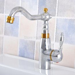 Bathroom Sink Faucets Polished Chrome & Gold Color Brass Basin Faucet Mixer Tap Swivel Spout Single Handle One Hole Deck Mounted Tsf813