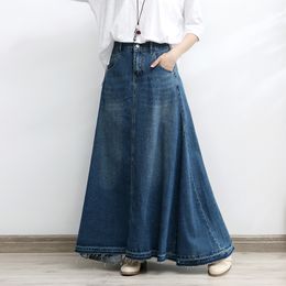 Skirts TIYIHAILEY Long Maxi A-line Skirt Women Elastic Waist Spring Autumn Denim Jeans Vintage Denim Big Hem M-2XL 230911