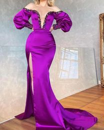 Sexy Purple Mermaid Prom Dresses Long for Women Off Shoulder Long Sleeves High Side Split Beaded Crystal Party Dress Formal Birthday Pageant Celebrity Evening Gowns
