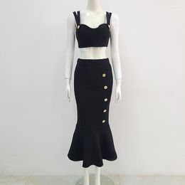 Work Dresses Women Bandage Dress Set Black Long Vestidos Two Pieces Spaghetti Straps Top Ruffles Buttons Celebrity Evening Party