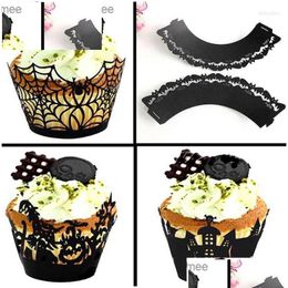 Other Festive Party Supplies 50Pcs /Pack Halloween Decorations Cupcake Wrappers Wraps Case Hollow Laser Cut Cake Decorating Gadgets Z2 Dhxg3