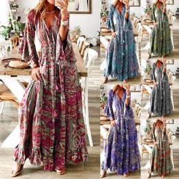 Basic Casual Dresses Bohemian Fashion Design Dress Summer Floral Printed Deep V Neck Trumpet Sleeve Smocked High Waist Flowy Maxi 230912