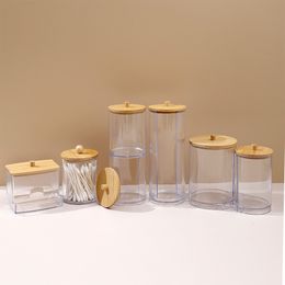 Acrylic Storage Box Bathroom Jar Makeup Organiser Cotton Round Pad Holder Cotton Swab Box Qtip Holder Dispenser with Bamboo Lid