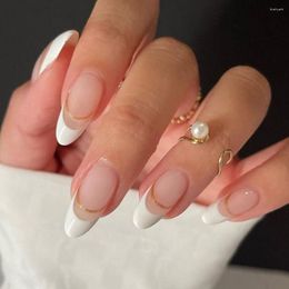 False Nails 24Pcs Almond Fake Nail With White Edge Golden Curve Designs Art Tips Press On Women Girls Manicure