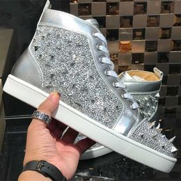 Top Famous Gold Shiny Leather Men Casual Shoes Spikes Sneakers Man Women High Top Party Wedding No. Limited Skateborad Walking with Box EU35-47