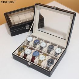 Watch Boxes Cases 61012 Grids Leather Box Display Case Holder Black Storage Glass Jewelry Organizer for Men Women Gift 230911