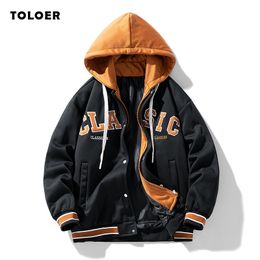Mens Jackets Spring Autumn Fake Two Piece Jacket Hooded Zipper Fashion Baseball Embroidery Trendy Couple Outerwear 230912
