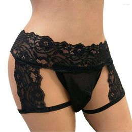 Underpants Men's Sexy Gay Sissy Lace Boxer Underwear Homme Open BuThongs Enhance Pouch Hollow Out Bikini Briefs Panties