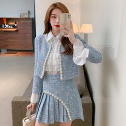 Work Dresses Autumn Blue Tweed Two Piece Suit Women O Collar Beading Short Jacket Coat Pleated A-Line Skirt Set Casual Plaid Woolen