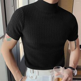 Men's T Shirts Men Short Sleeve Half High Collar Mock Turtleneck Pullover T-Shirt Tops Knitted Sweater Slim Fit Tee Casual