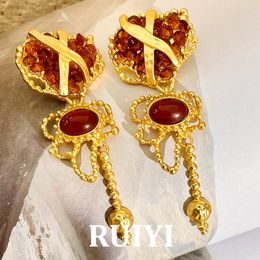 Dangle Earrings Retro Resin Love Heart Waterdrop Big Drop Earring Long Metal Tassel Fo R Women Jewelry 2023 France Exaggerated Court Style