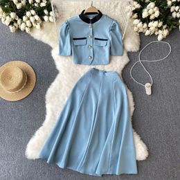 Two Piece Dress Women Skirt Two-piece Suit Female Summer Chinese National Style Stand-up Collar Short Top Slim High Waist A-line Pleated