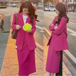 Two Piece Dress Women's Suit Skirt Set 2023 Early Autumn Light Mature Style Office Lady Rose Red Elegant Two-Piece Blazer