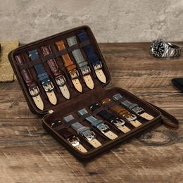 Watch Boxes Retro Leather Strap Organiser Box 12 Slots Men Watchbands Travel Storage Bag Band Case For Apple Bracelets