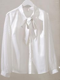Women's Blouses Autumn White Elegant Long Sleeve Office Lady Blouse Women Large Size Tops 2023 Bandage Bow Collar Single Breasted Shirts