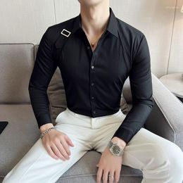 Mens Casual Shirts Strap Men Long Sleeve Slim Black White Business Social Dress Streetwear Chemise Homme