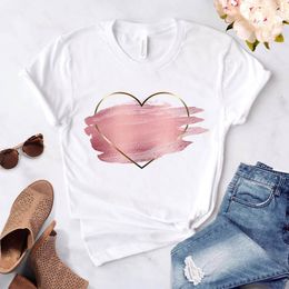 Damen-T-Shirt mit Herz-Blumen-Aufdruck, lässig, Basis, O-Kragen, weißes Hemd, kurzärmlig, Damen-T-Shirt, Liebesgrafikdruck, lässig