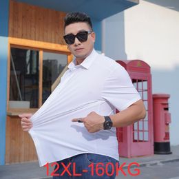 Men's Dress Shirts Summer Plus Size Short-sleeved Shirt Casual High Elastic Ice Silk Solid Colour 160kg 12xl White 9XL