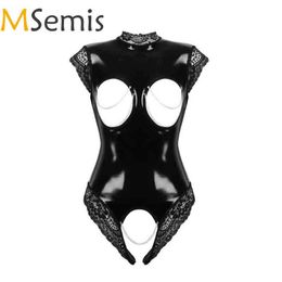 Womens Lingerie Bodysuit Underwear Open Breast Crotchless Lace Trimmed Open Cup Nipples Hole Patent Leather Sexy Mujer Puta H2257I