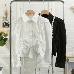 Women's Blouses Korean Western Style Femme Vintage Sweet ShirtS 2023 Autumn Puff Sleeve Lapel Collar Pearl Single Breaked