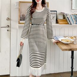 Basic Casual Dresses Korean Striped Knitted Autumn Winter 2023 Simple Tassels Design Elegant Loose Long Sleeved Female Dress 230912