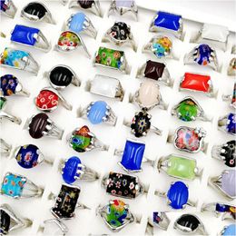 Band Rings New 30 Pieces/Lot Natural Gemstone Ring Finger Band Mix Style Flower Designs Fit Womens And Mens Fashion Party Charm Jewelr Dhfdb