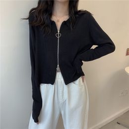 Women's Knits Tees Black Polo Short Knitted Cardigan for Women Autumn Korean Slim Thin Long Sleeve Sweater Outerwear 6 Colours 230911