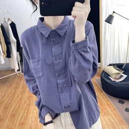 Women's Blouses LuckBN Korean Version Double Breasted Pure Cotton Long Sleeved Shirt For Autumn Style Lapel Loose Cardigan