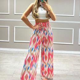 Women's Pants 2023 Summer Elastic Tight Bohemian Printed Wide Leg Trousers Belt High Waist Long Skirt For Ladies