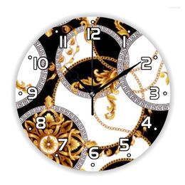 Wall Clocks Vintage Black Gold Baroque Damask Rococo Clock Living Room Luxury Kitchen Bedroom Floral Ornate Large Watch Home Decor